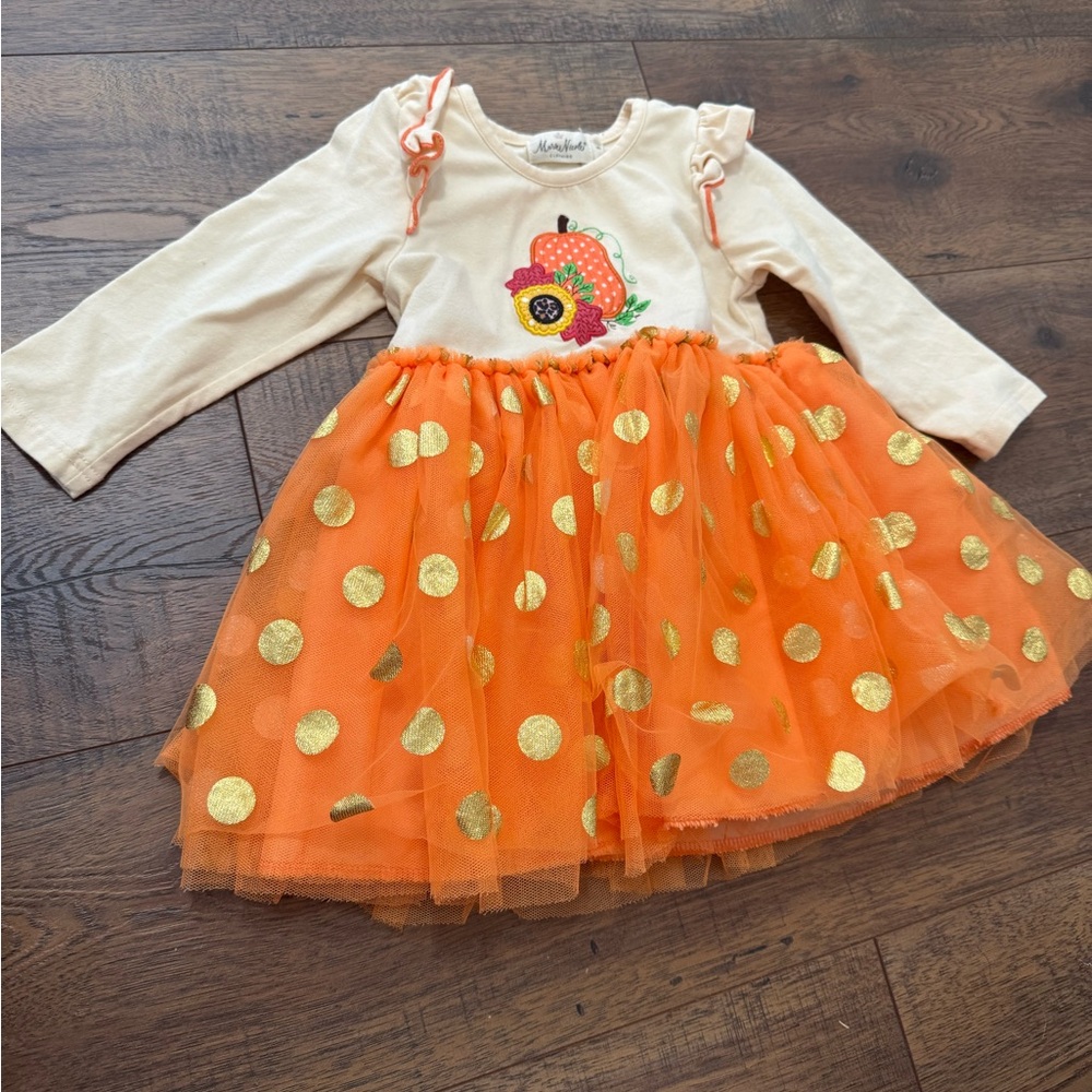 Charming Kids Dress with Orange and Gold Polka Dots